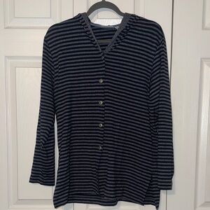 Chico's Design Navy and Heathered Blue Gray Hooded Striped Top